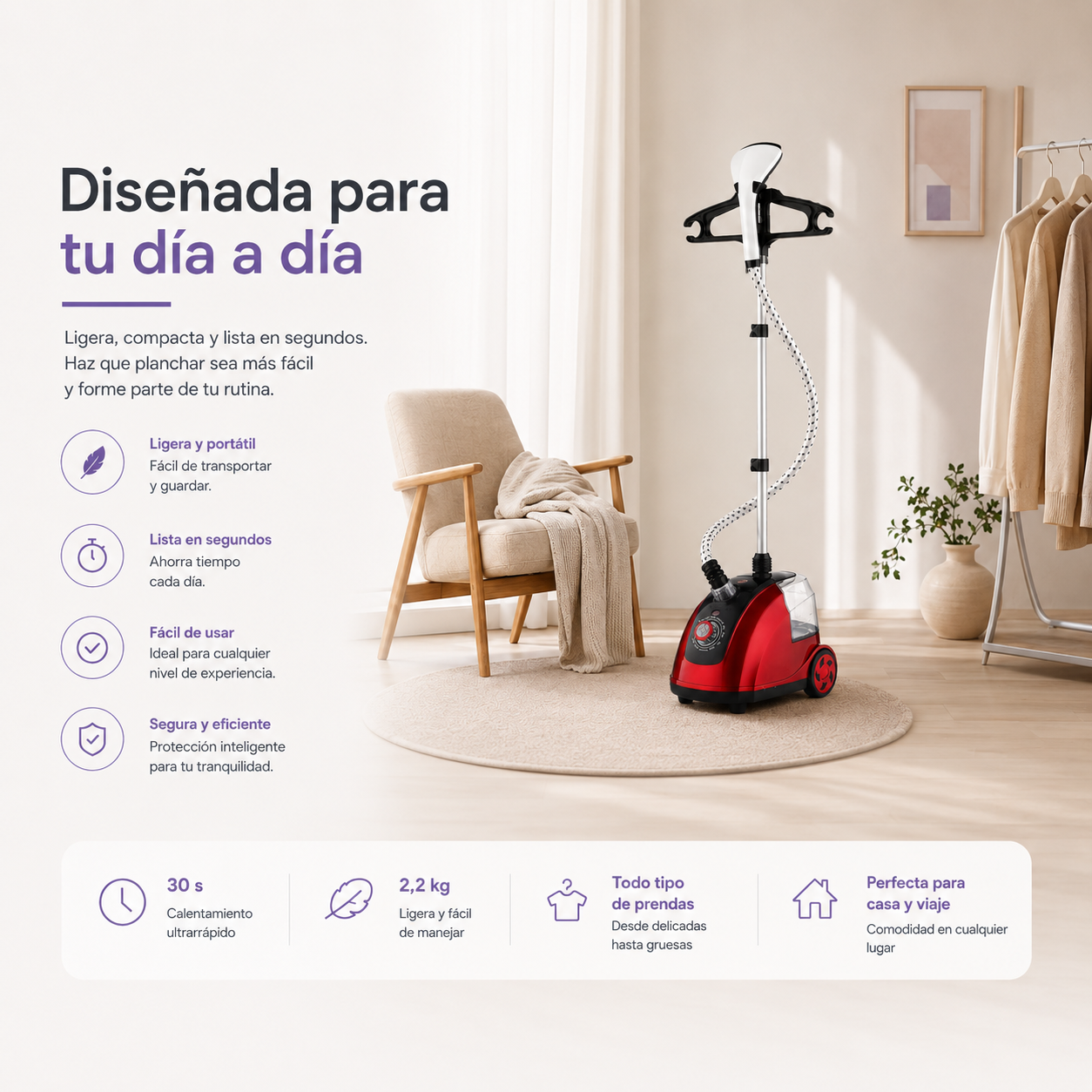 Plancha Vertical de Vapor 1800W – Depósito 1,8L, 11 Niveles de Vapor